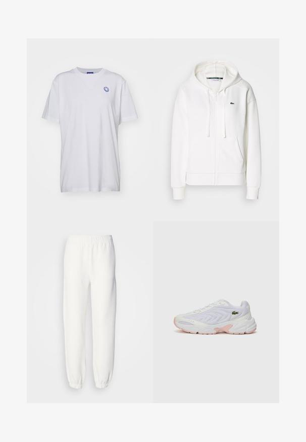 Balts zip-up kapuci džemperis, izgatavots no mīkstas auduma, ar kapuci, kangoru kabatām un mazu zaļu Lacoste logotipu kreisajā krūtī.; Balta kokvilnas T-kreklu ar īsām piedurknēm, apaļo kakla izgriezumu un zilu smaidošu seju logo kreisajā krūtī. Vienkāršs audums bez rakstiem.; Baltās sporta bikses, kas izgatavotas no mīksta adīta auduma. Elastīga josta un piedurknes nodrošina brīvu piegriezumu. Minimālistisks dizains, bez redzamām rakstu vai akcentu detaļām.; Baltas sporta apavi ar tekstūru tīkla virsmu, diskrētām rozā akcentiem uz zoles un zaļu krokodila logotipu sānos.