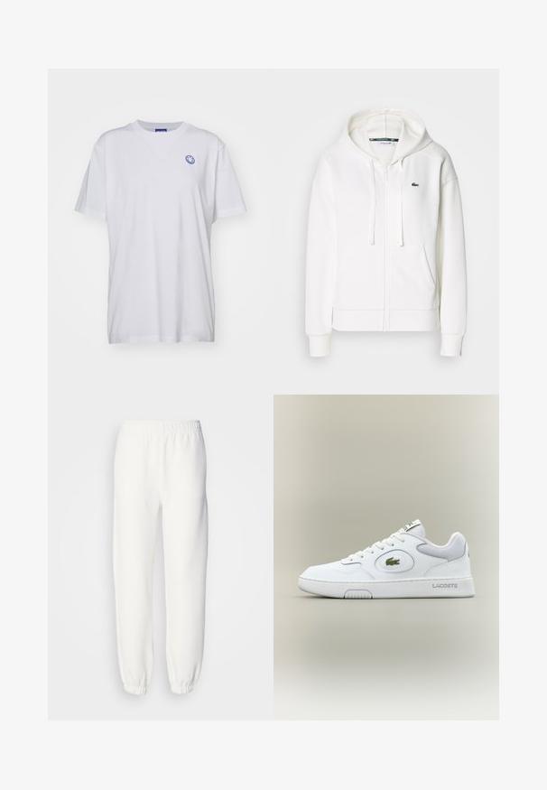 White zip-up hoodie made of soft fabric, featuring a hood, kangaroo pockets, and a small green Lacoste logo on the left chest.; White cotton t-shirt with short sleeves, crew neckline, and blue smiley face logo on the left chest. Plain fabric with no patterns.; White sweatpants made of soft, knitted fabric. Elastic waistband and cuffs provide a relaxed fit. Minimalist design, no visible patterns or accents.; White leather sneaker with mesh accents, round toe, and flat laces. Features a green crocodile logo and "LACOSTE" branding on the heel.