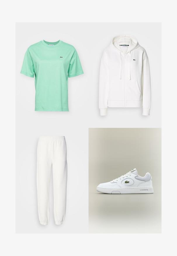 Hanorac alb cu fermoar, realizat dintr-un material moale, având glugă, buzunare tip cangur și un mic logo verde Lacoste pe partea stângă a pieptului.; Tricou din bumbac de culoare verde deschis, cu mâneci scurte și guler rotund, având un mic logo brodat pe partea stângă a pieptului.; Pantaloni de trening albi dintr-un material tricotat moale. Talie și manșete elastice pentru un confort sporit. Design minimalist, fără modele sau accente vizibile.; Adidași din piele albă cu accente din plasă, vârf rotund și șireturi plate. Prezintă un logo de crocodil verde și branding "LACOSTE" pe călcâi.