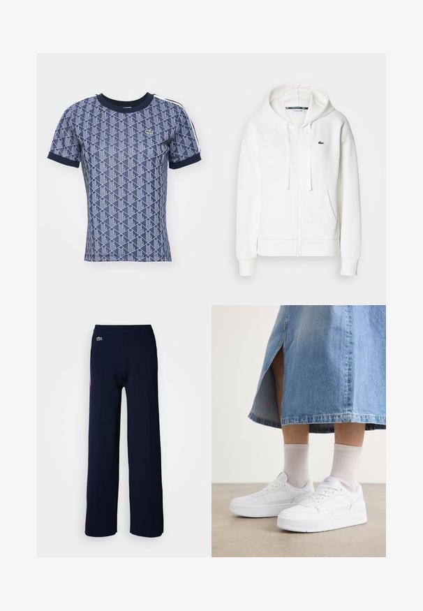 Valge lukuga kapuutsiga dressipluus, mis on valmistatud pehmest kangast. Sellel on kapuuts, konksukotid ja vasakul rinnal väike roheline Lacoste logo.; Tumedan sinine lühikeste varrukatega T-särk geomeetrilise valge mustriga, ribaga tumesinine krae ja kontrastsed külje triibud. Omab väikest logo.; Tumedate sinise värvi laiad püksid pehme tekstuuriga, ribitud vöökohaga ja väikese rohelise logoga ees, rõhutades puhtat disaini.; Valged seemnetega nahast tossud, millel on platvormpõhi, ümar nina ja sidumise süsteem; koos heledate hallide lühikesed sokid ja teksaseelikuga.