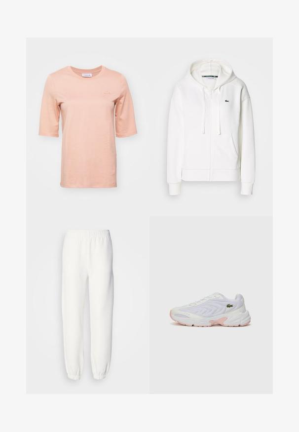 Bílá mikina na zip vyrobená z měkké látky, s kapucí, klokankovými kapsami a malým zeleným logem Lacoste na levé straně hrudi.; Světle oranžové tričko s krátkým rukávem vyrobené z měkké bavlny, s kulatým výstřihem a malým vyšitým logem na hrudi.; Bílé tepláky vyrobené z měkké pleteniny. Elastický pás a manžety zajišťují pohodlný střih. Minimalistický design, žádné viditelné vzory nebo akcenty.; Bílé sportovní boty s texturovaným meshovým svrškem, jemnými růžovými akcenty na podrážce a zeleným krokodýlím logem na boku.