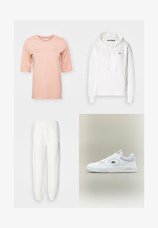 Hanorac alb cu fermoar, realizat dintr-un material moale, având glugă, buzunare tip cangur și un mic logo verde Lacoste pe partea stângă a pieptului.; Tricou scurt cu mânecă, de culoare piersică, fabricat din bumbac moale, cu decolteu rotund și un mic logo brodat pe piept.; Pantaloni de trening albi dintr-un material tricotat moale. Talie și manșete elastice pentru un confort sporit. Design minimalist, fără modele sau accente vizibile.; Adidași din piele albă cu accente din plasă, vârf rotund și șireturi plate. Prezintă un logo de crocodil verde și branding "LACOSTE" pe călcâi.