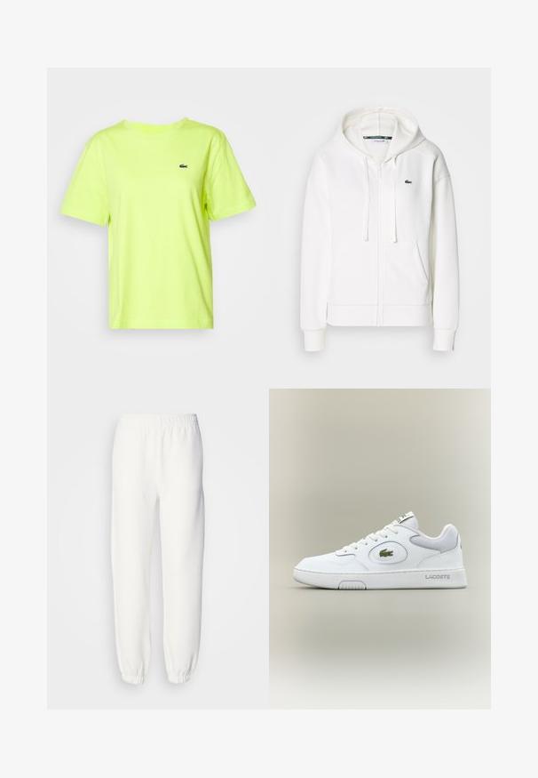 Hanorac alb cu fermoar, realizat dintr-un material moale, având glugă, buzunare tip cangur și un mic logo verde Lacoste pe partea stângă a pieptului.; Lacoste Tricou basic - firefly; Pantaloni de trening albi dintr-un material tricotat moale. Talie și manșete elastice pentru un confort sporit. Design minimalist, fără modele sau accente vizibile.; Adidași din piele albă cu accente din plasă, vârf rotund și șireturi plate. Prezintă un logo de crocodil verde și branding "LACOSTE" pe călcâi.