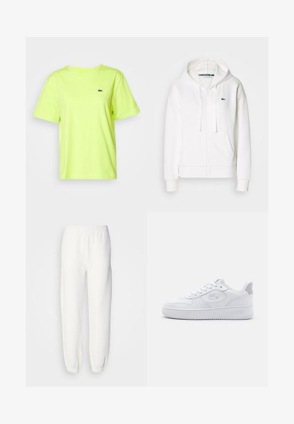 Felpa bianca con zip realizzata in tessuto morbido, dotata di cappuccio, tasche a marsupio e un piccolo logo verde di Lacoste sul lato sinistro del petto.; Lacoste T-shirt basic - firefly; Pantaloni della tuta bianchi realizzati in morbido tessuto lavorato a maglia. La vita e i polsini elasticizzati offrono una vestibilità rilassata. Design minimalista, senza motivi o accenti visibili.; Sneaker atletico bianco con tomaia in pelle liscia, punta tondeggiante e chiusura con lacci. Presenta logo in rilievo e accento grigio sul tallone. Suola piatta in gomma.
