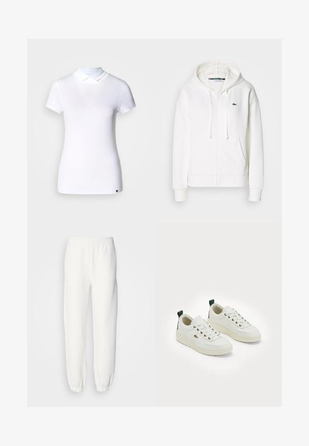 Weißer Reißverschluss-Hoodie aus weichem Stoff, mit Kapuze, Kängurutaschen und einem kleinen grünen Lacoste-Logo auf der linken Brust.; Weißes Baumwoll-T-Shirt mit kurzen Ärmeln und klassischem Kragen; verfügt über ein kleines Logo-Detail auf der unteren linken Seite. Glatte Textur.; Weiße Sweatpants aus weichem, gestricktem Stoff. Der elastische Bund und die Bündchen sorgen für eine bequeme Passform. Minimalistisches Design, ohne sichtbare Muster oder Akzente.; Weiße Ledersneaker mit runder Zehe, goldenen Ösen, flachen Schnürsenkeln und einem grünen Akzent an der Ferse. Mit einer strukturierten Gummisohle.
