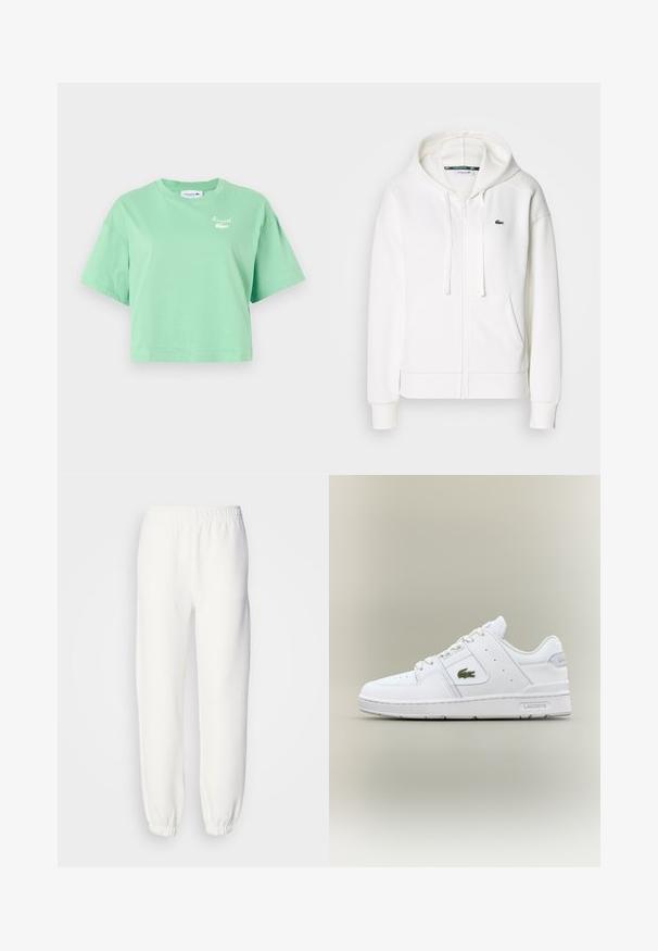 White zip-up hoodie made of soft fabric, featuring a hood, kangaroo pockets, and a small green Lacoste logo on the left chest.; Mint green cropped t-shirt made of cotton, featuring short sleeves and a round neckline. It has a white Lacoste logo on the chest.; White sweatpants made of soft, knitted fabric. Elastic waistband and cuffs provide a relaxed fit. Minimalist design, no visible patterns or accents.; White leather sneaker with a smooth texture, round toe, perforated details, a green crocodile logo, and "Lacoste" branding on the side.