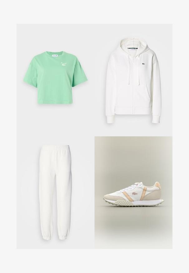 Vit zip-up hoodie gjord av mjukt tyg, med en huva, kängurufickor och en liten grön Lacoste-logga på vänster bröst.; Ljusgrön cropped t-shirt i bomull, med korta ärmar och rund halsringning. Den har en vit Lacoste-logotyp på bröstet.; Vita sweatpants gjorda av mjukt, stickat tyg. Elastyband i midjan och vid ärmsluten ger en avslappnad passform. Minimalistisk design, utan synliga mönster eller dekorationer.; Vita och beige låg sneaker med strukturerad sula, snörning fram och beiga sidostikar på neutral bakgrund.