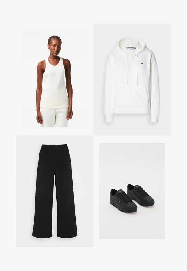 Weißer Reißverschluss-Hoodie aus weichem Stoff, mit Kapuze, Kängurutaschen und einem kleinen grünen Lacoste-Logo auf der linken Brust.; Weißes, geripptes Tanktop mit rundem Ausschnitt und grünem Lacoste-Logo auf der Brust, kombiniert mit passenden weißen Hosen.; Schwarze weit geschnittene Hose mit einem elastischen Bund. Hergestellt aus einem weichen, leichten Material. Mit vertikalen Nähten an der Vorderseite.; Schwarze Low-Top-Sneaker aus glattem Material, mit dicken Schnürsenkeln, einer strukturierten Sohle und einem kleinen Logo an der Seite und auf der Zunge.