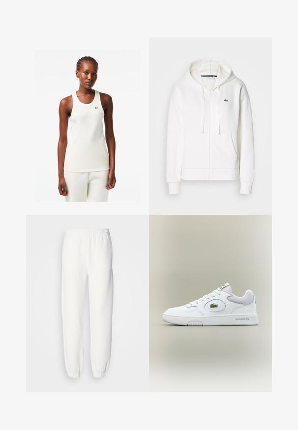 White zip-up hoodie made of soft fabric, featuring a hood, kangaroo pockets, and a small green Lacoste logo on the left chest.; White ribbed tank top with a round neckline and green Lacoste logo on the chest, paired with matching white pants.; White sweatpants made of soft, knitted fabric. Elastic waistband and cuffs provide a relaxed fit. Minimalist design, no visible patterns or accents.; White leather sneaker with mesh accents, round toe, and flat laces. Features a green crocodile logo and "LACOSTE" branding on the heel.