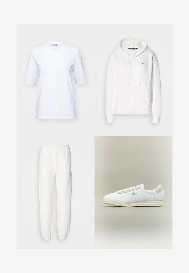 Hvid zip hoodie lavet af blødt stof, med hætte, kængurulommer og et lille grønt Lacoste-logo på venstre bryst.; Hvid bomulds T-shirt med korte ærmer, rund halsudskæring og et diskret broderet logo på brystet. Glat tekstur, klassisk pasform.; Hvide sweatpants lavet af blød, strikket stof. Elastisk talje og manchetter giver en afslappet pasform. Minimalistisk design, ingen synlige mønstre eller accenter.; Hvide lædersneakers med en beige ruskindsdetalje. Har en rund tå, flade snørebånd og en tekstureret sål. Lacoste-logo på siden.