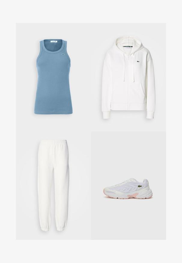 Hvid zip hoodie lavet af blødt stof, med hætte, kængurulommer og et lille grønt Lacoste-logo på venstre bryst.; Lys blå ribbet tanktop med rund halsudskæring og brede ærmegab. Har et lille broderet logo på brystet.; Hvide sweatpants lavet af blød, strikket stof. Elastisk talje og manchetter giver en afslappet pasform. Minimalistisk design, ingen synlige mønstre eller accenter.; Hvide sportsko med en tekstureret mesh-overdel, diskrete lyserøde detaljer på sålen og et grønt krokodillelogo på siden.