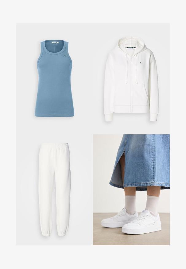White zip-up hoodie made of soft fabric, featuring a hood, kangaroo pockets, and a small green Lacoste logo on the left chest.; Light blue ribbed tank top with a round neckline and wide armholes. Features a small embroidered logo on the chest.; White sweatpants made of soft, knitted fabric. Elastic waistband and cuffs provide a relaxed fit. Minimalist design, no visible patterns or accents.; White sneakers with textured leather, featuring a platform sole, round toe, and lacing system; paired with light gray crew socks and a denim skirt.
