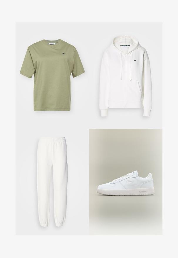 Balts zip-up kapuci džemperis, izgatavots no mīkstas auduma, ar kapuci, kangoru kabatām un mazu zaļu Lacoste logotipu kreisajā krūtī.; Lacoste Pamata T-krekls - khaki; Baltās sporta bikses, kas izgatavotas no mīksta adīta auduma. Elastīga josta un piedurknes nodrošina brīvu piegriezumu. Minimālistisks dizains, bez redzamām rakstu vai akcentu detaļām.; Baltas ādas sporta apģērbs ar gludu virsmu, noapaļota purngala, aukliņu slēgšanas dizains un smalks iespiests logo sānos. Aprīkots ar gumijas zoli.