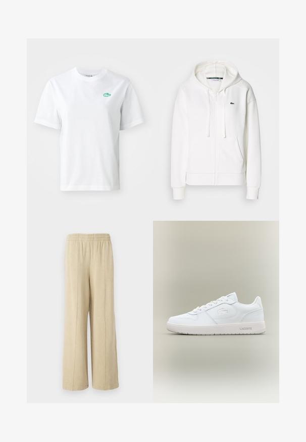 Bílá mikina na zip vyrobená z měkké látky, s kapucí, klokankovými kapsami a malým zeleným logem Lacoste na levé straně hrudi.; Bílý bavlněný tričko s krátkým rukávem, kulatým výstřihem a malým zeleným vyšitým logem krokodýla na levé části hrudníku.; Beige široké kalhoty s elastickým pasem a viditelnými bočními švy. Vyrobeno z měkké tkaniny s hladkým povrchem.; Bílé kožené tenisky s hladkým povrchem, kulatou špičkou, šněrovacím designem a jemným embosovaným logem na boku. Mají gumovou podrážku.