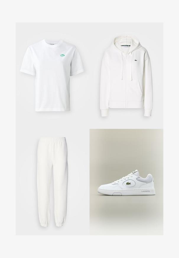Fehér cipzáras kapucnis pulóver, puha anyagból, kapucnival, kenguru zsebekkel és egy kis zöld Lacoste logóval a bal mellen.; Fehér pamut póló rövid ujjakkal, kerek nyakkal, és egy kicsi zöld hímzett krokodil logóval a bal mellrészen.; Fehér melegítőnadrág puha, kötött anyagból. Rugalmas derékpánt és szegélyek lazán illeszkednek. Minimalista dizájn, látható minták vagy díszítések nélkül.; Fehér bőr sneaker hálós részletekkel, kerek orral és lapos fűzőkkel. Zöld krokodil logóval és "LACOSTE" felirattal a saroknál.