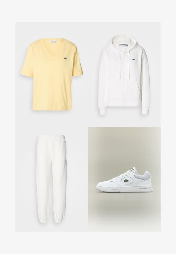 Valkoinen vetoketjuhuppari, joka on valmistettu pehmeästä kankaasta. Tässä hupparissa on huppu, kengurupocketit ja pieni vihreä Lacosten logo vasemmalla rinnalla.; Keltainen puuvillapaita lyhyt hiha, V-pääntie ja pieni vihreä Lacoste-logo vasemmassa rinnassa. Suora pinta ja yksinkertainen tyyli.; Valkoiset collegehousut, jotka on valmistettu pehmeästä neulottusta kankaasta. Joustava vyötärö ja hihansuut tarjoavat rennon istuvuuden. Minimalistinen muotoilu, ei näkyviä kuvioita tai yksityiskohtia.; Valkoinen nahkainen tennari verkkokudoksilla, pyöreällä kärjellä ja tasaisilla nauhoilla. Varustettu vihreällä krokotiililogolla ja "LACOSTE" -brändillä kantapäässä.