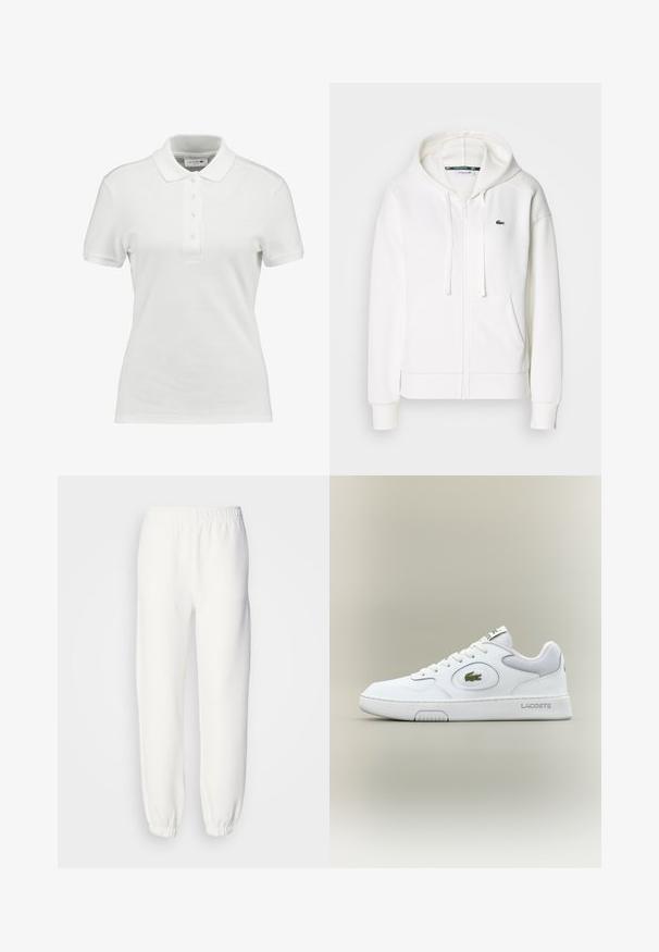 Valkoinen vetoketjuhuppari, joka on valmistettu pehmeästä kankaasta. Tässä hupparissa on huppu, kengurupocketit ja pieni vihreä Lacosten logo vasemmalla rinnalla.; Valkoinen poolopaita, joka on valmistettu strukturoidusta puuvillasta. Paitassa on klassinen kaulus, kolmesta napista muodostuva etukappale ja pieni Lacoste-logo rinnassa.; Valkoiset collegehousut, jotka on valmistettu pehmeästä neulottusta kankaasta. Joustava vyötärö ja hihansuut tarjoavat rennon istuvuuden. Minimalistinen muotoilu, ei näkyviä kuvioita tai yksityiskohtia.; Valkoinen nahkainen tennari verkkokudoksilla, pyöreällä kärjellä ja tasaisilla nauhoilla. Varustettu vihreällä krokotiililogolla ja "LACOSTE" -brändillä kantapäässä.