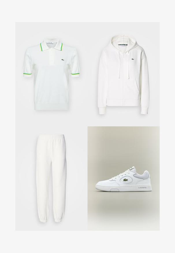 White zip-up hoodie made of soft fabric, featuring a hood, kangaroo pockets, and a small green Lacoste logo on the left chest.; White polo shirt with short sleeves, green and yellow striped collar and cuffs, three-button placket, and Lacoste logo on the chest.; White sweatpants made of soft, knitted fabric. Elastic waistband and cuffs provide a relaxed fit. Minimalist design, no visible patterns or accents.; White leather sneaker with mesh accents, round toe, and flat laces. Features a green crocodile logo and "LACOSTE" branding on the heel.