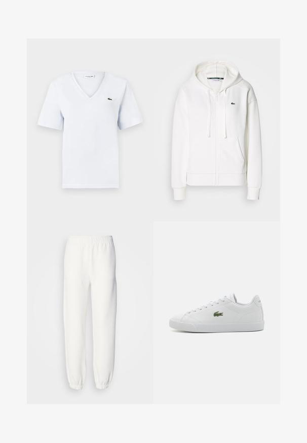 Balta užtrauktuku uždaroma hoodie pagaminta iš minkštos medžiagos, su kapišonu, kengūros kišenėmis ir mažuoju žaliuoju Lacoste logotipu kairėje krūtinės pusėje.; Šviesiai mėlynas medvilninis marškinėliai trumpomis rankovėmis, V formos iškirptė, ir mažas žalias Lacoste krokodilo logotipas kairėje krūtinės pusėje. Minkšta tekstūra.; Balti sportiniai džinsai, pagaminti iš minkštos, megztos medžiagos. Elastinga juosta ir rankogaliai suteikia patogų prigludimą. Minimalistinis dizainas, be matomų raštų ar akcentų.; Baltos odinės sportinės bateliai su apvaliu pirštu, raištelių dizainu, žaliu siuvinėtu krokodilo logotipu ir tekstūruotu guminio pado.