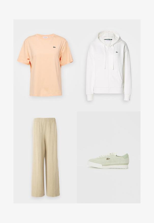 Fehér cipzáras kapucnis pulóver, puha anyagból, kapucnival, kenguru zsebekkel és egy kis zöld Lacoste logóval a bal mellen.; Baracka pamut póló rövid ujjal és kerek nyakkivágással. Az elején található egy kis zöld Lacoste krokodil logó.; Beige, széles lábú nadrág rugalmas derékkal és látható oldals seams. Puha anyagból készült, sima textúrával.; Világos zöld velúrból készült sportcipő, fehér talppal és fűzőkkel, alacsony fazonú, kis fémtetkóval az oldalon.