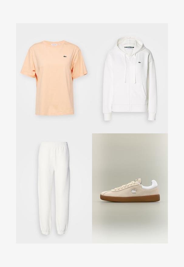 Valkoinen vetoketjuhuppari, joka on valmistettu pehmeästä kankaasta. Tässä hupparissa on huppu, kengurupocketit ja pieni vihreä Lacosten logo vasemmalla rinnalla.; Persikka puuvillapaita lyhyillä hihoilla ja pyöreällä kaula-aukolla. Paidassa on pieni vihreä Lacoste-krokotiililogo rinnassa.; Valkoiset collegehousut, jotka on valmistettu pehmeästä neulottusta kankaasta. Joustava vyötärö ja hihansuut tarjoavat rennon istuvuuden. Minimalistinen muotoilu, ei näkyviä kuvioita tai yksityiskohtia.; Beige nahka-tossut valkoisilla yksityiskohdilla ja kumipohjalla. Sivussa on kohotettu logo ja erottuvat beige-nauhat. Klassinen muotoilu.