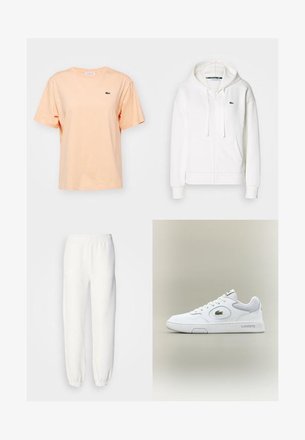 White zip-up hoodie made of soft fabric, featuring a hood, kangaroo pockets, and a small green Lacoste logo on the left chest.; Peach cotton t-shirt with short sleeves and a round neckline. Features a small green Lacoste crocodile logo on the chest.; White sweatpants made of soft, knitted fabric. Elastic waistband and cuffs provide a relaxed fit. Minimalist design, no visible patterns or accents.; White leather sneaker with mesh accents, round toe, and flat laces. Features a green crocodile logo and "LACOSTE" branding on the heel.