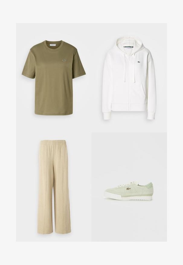 Bílá mikina na zip vyrobená z měkké látky, s kapucí, klokankovými kapsami a malým zeleným logem Lacoste na levé straně hrudi.; Olivově zelené bavlněné tričko s krátkým rukávem, kulatým výstřihem a malým vyšitým logem krokodýla na levé části hrudi.; Beige široké kalhoty s elastickým pasem a viditelnými bočními švy. Vyrobeno z měkké tkaniny s hladkým povrchem.; Světlé zelené semišové tenisky s bílou podrážkou a tkaničkami, nízký profil a malé kovové logo na boku.