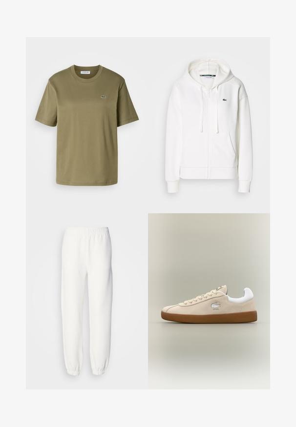 Hanorac alb cu fermoar, realizat dintr-un material moale, având glugă, buzunare tip cangur și un mic logo verde Lacoste pe partea stângă a pieptului.; Tricou din bumbac de culoare verde măslin, cu mâneci scurte, de tip crew neckline și un mic logo brodat al unui crocodil pe partea stângă a pieptului.; Pantaloni de trening albi dintr-un material tricotat moale. Talie și manșete elastice pentru un confort sporit. Design minimalist, fără modele sau accente vizibile.; Sneakers din suede bej cu accente albe și talpă din cauciuc. Are un logo ridicat pe lateral și șireturi bej contrastante. Design clasic.