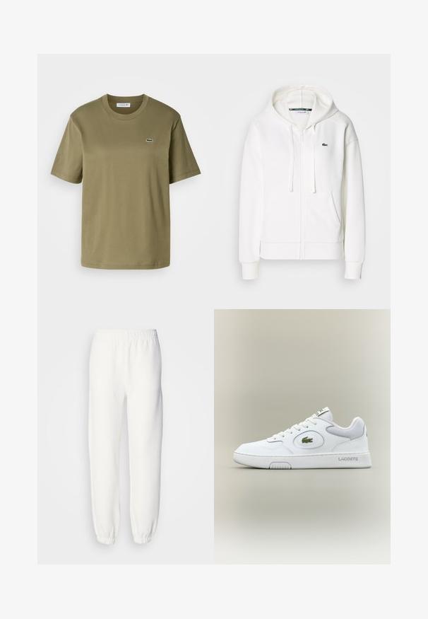 Hanorac alb cu fermoar, realizat dintr-un material moale, având glugă, buzunare tip cangur și un mic logo verde Lacoste pe partea stângă a pieptului.; Tricou din bumbac de culoare verde măslin, cu mâneci scurte, de tip crew neckline și un mic logo brodat al unui crocodil pe partea stângă a pieptului.; Pantaloni de trening albi dintr-un material tricotat moale. Talie și manșete elastice pentru un confort sporit. Design minimalist, fără modele sau accente vizibile.; Adidași din piele albă cu accente din plasă, vârf rotund și șireturi plate. Prezintă un logo de crocodil verde și branding "LACOSTE" pe călcâi.