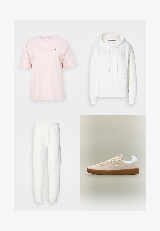 Biely zipsový mikina vyrobená z mäkkej tkaniny, s kapucňou, klokankovými vreckami a malým zeleným logom Lacoste na ľavej hrudi.; Svetlé ružové bavlnené tričko s krátkymi rukávmi, okrúhlym výstrihom a malým zeleným logom Lacoste na ľavej hrudi. Mäkká textúra, voľný strih.; Biele tepláky vyrobené z mäkkej pletenej tkaniny. Elastický pás a manžety zabezpečujú uvoľnené nosenie. Minimalistický dizajn, bez viditeľných vzorov alebo akcentov.; Béžové semišové tenisky s bielymi akcentmi a gumovou podrážkou. Vyznačujú sa vystúpeným logom na boku a kontrastnými béžovými šnúrkami. Klasický dizajn.