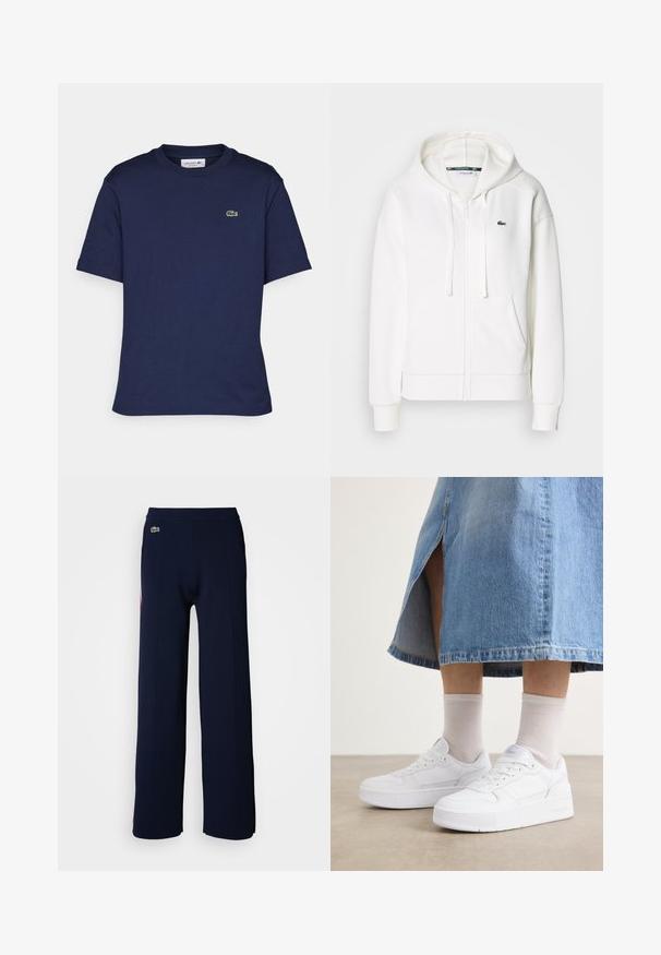 Balts zip-up kapuci džemperis, izgatavots no mīkstas auduma, ar kapuci, kangoru kabatām un mazu zaļu Lacoste logotipu kreisajā krūtī.; Īsām piedurkņu nakts zilas krāsas krekliņš, izgatavots no kokvilnas, ar apaļu kakla izgriezumu un mazu zaļu Lacoste logotipu kreisajā krūtī.; Jūras zilas platās bikses ar mīkstu tekstūru, ar ribotu jostasvietu un mazu zaļu logo priekšpusē, izceļot tīru dizainu.; Baltas sniegpārsteidzis ar teksturētu ādu, ar platformas zoli, apaļu purngalu un auklu sistēmu; savienots ar gaiši pelēkiem ceļgalu augstiem zeķēm un džinsa svārkiem.