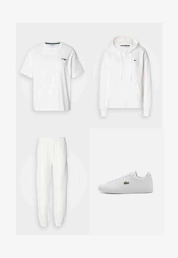 White zip-up hoodie made of soft fabric, featuring a hood, kangaroo pockets, and a small green Lacoste logo on the left chest.; White cotton t-shirt with a relaxed fit, featuring a green embroidered logo on the left chest and a round neck. Smooth texture.; White sweatpants made of soft, knitted fabric. Elastic waistband and cuffs provide a relaxed fit. Minimalist design, no visible patterns or accents.; White leather sneaker with a rounded toe, lace-up design, green embroidered crocodile logo, and textured rubber sole.