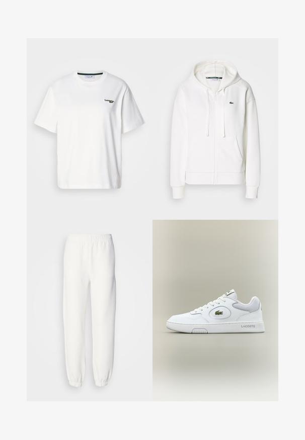 White zip-up hoodie made of soft fabric, featuring a hood, kangaroo pockets, and a small green Lacoste logo on the left chest.; White cotton t-shirt with a relaxed fit, featuring a green embroidered logo on the left chest and a round neck. Smooth texture.; White sweatpants made of soft, knitted fabric. Elastic waistband and cuffs provide a relaxed fit. Minimalist design, no visible patterns or accents.; White leather sneaker with mesh accents, round toe, and flat laces. Features a green crocodile logo and "LACOSTE" branding on the heel.