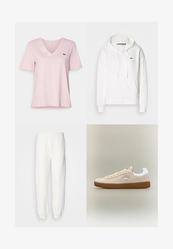 White zip-up hoodie made of soft fabric, featuring a hood, kangaroo pockets, and a small green Lacoste logo on the left chest.; Light pink cotton t-shirt with a v-neck and short sleeves, featuring a small green embroidered crocodile logo on the left chest.; White sweatpants made of soft, knitted fabric. Elastic waistband and cuffs provide a relaxed fit. Minimalist design, no visible patterns or accents.; Beige suede sneaker with white accents and rubber sole. Features a raised logo on the side and contrasting beige laces. Classic design.
