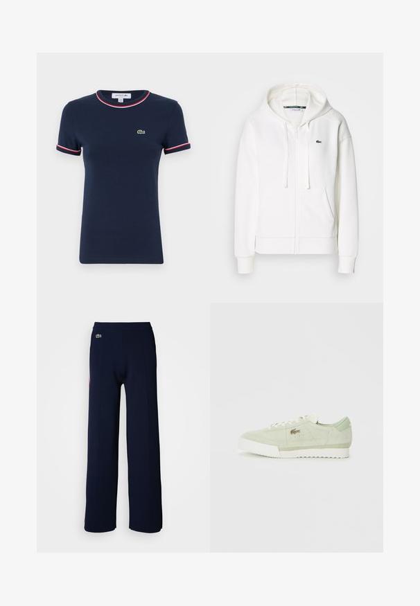 Balta užtrauktuku uždaroma hoodie pagaminta iš minkštos medžiagos, su kapišonu, kengūros kišenėmis ir mažuoju žaliuoju Lacoste logotipu kairėje krūtinės pusėje.; Tamsiai mėlynas medvilninis marškinėliai su trumpomis rankovėmis, raudonais ir baltais dryžiais apykaklėje ir rankovėse, su žalia siuvinėta logotipu ant krūtinės.; Tamsiai mėlynos platėjančios kelnės su minkšta tekstūra, turinčios raiščio juostos ir mažo žalio logotipo priekyje, pabrėžiančios švarų dizainą.; Šviesiai žalia zomšinė sportinė avalynė su balta padus ir raišteliais, žemaitės dizainas ir mažas metalinis logotipas šone.
