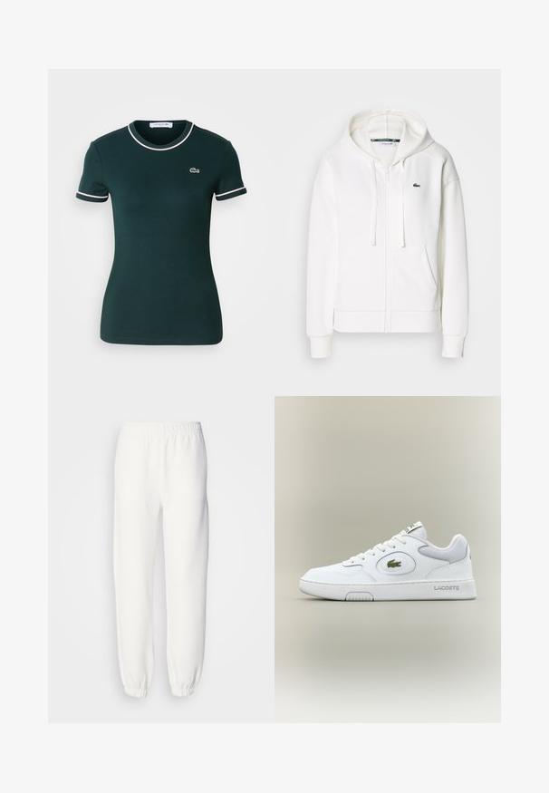 Valkoinen vetoketjuhuppari, joka on valmistettu pehmeästä kankaasta. Tässä hupparissa on huppu, kengurupocketit ja pieni vihreä Lacosten logo vasemmalla rinnalla.; Tummanvihreä lyhythihainen t-paita, kapeamuotoinen malli, valkoisella reunuksella kauluksessa ja hihoissa, jossa on pieni Lacoste-logo rinnassa.; Valkoiset collegehousut, jotka on valmistettu pehmeästä neulottusta kankaasta. Joustava vyötärö ja hihansuut tarjoavat rennon istuvuuden. Minimalistinen muotoilu, ei näkyviä kuvioita tai yksityiskohtia.; Valkoinen nahkainen tennari verkkokudoksilla, pyöreällä kärjellä ja tasaisilla nauhoilla. Varustettu vihreällä krokotiililogolla ja "LACOSTE" -brändillä kantapäässä.
