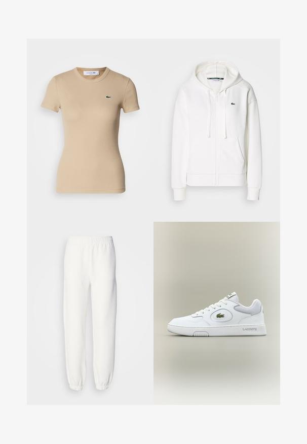 Balta užtrauktuku uždaroma hoodie pagaminta iš minkštos medžiagos, su kapišonu, kengūros kišenėmis ir mažuoju žaliuoju Lacoste logotipu kairėje krūtinės pusėje.; Šviesiai ruda dryžuota medvilninė marškinė su trumpomis rankovėmis, apvaliu iškirpimu, prigludusia forma ir mažuoju žaliu Lacoste logotipu kairiajame krūtinės šone.; Balti sportiniai džinsai, pagaminti iš minkštos, megztos medžiagos. Elastinga juosta ir rankogaliai suteikia patogų prigludimą. Minimalistinis dizainas, be matomų raštų ar akcentų.; Balti odiniai sportbačiai su tinkliniu akcentu, apvaliu nosiu ir plokščiomis raištelėmis. Ant kulno yra žalias krokodilo logotipas ir "LACOSTE" prekės ženklas.