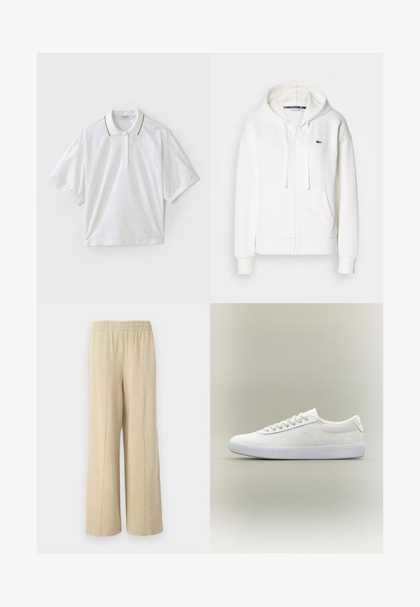 Biely zipsový mikina vyrobená z mäkkej tkaniny, s kapucňou, klokankovými vreckami a malým zeleným logom Lacoste na ľavej hrudi.; Biela polo košeľa s krátkymi rukávmi, s gombíkovou légou, zelenými a žltými detailmi na golieri a bočnými sieťovinovými prvkami. Prítomné logo LACOSTE.; Bežové nohavice s širokými nohavicami a elastickým pásom, s viditeľnými bočnými švami. Vyrobené z mäkkej tkaniny s hladkým povrchom.; Nízkoprsťové biele kožené tenisky s bielymi šnúrkami a textúrovanou bielou podrážkou, zobrazené v profilu na jednoduchej neutrálnej pozadí.