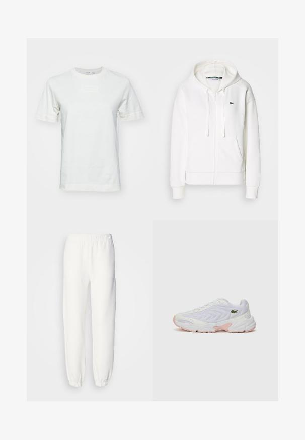Balts zip-up kapuci džemperis, izgatavots no mīkstas auduma, ar kapuci, kangoru kabatām un mazu zaļu Lacoste logotipu kreisajā krūtī.; Balts kokvilnas T-kreklas ar īsām piedurknēm, apaļu kakla izgriezumu un teksturētu "LACOSTE" logo uz priekšpuses. Gluda auduma struktūra ar regulāru piegriezumu.; Baltās sporta bikses, kas izgatavotas no mīksta adīta auduma. Elastīga josta un piedurknes nodrošina brīvu piegriezumu. Minimālistisks dizains, bez redzamām rakstu vai akcentu detaļām.; Baltas sporta apavi ar tekstūru tīkla virsmu, diskrētām rozā akcentiem uz zoles un zaļu krokodila logotipu sānos.