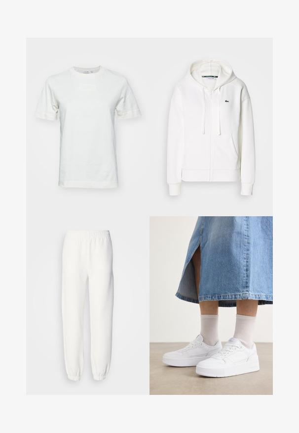 Valkoinen vetoketjuhuppari, joka on valmistettu pehmeästä kankaasta. Tässä hupparissa on huppu, kengurupocketit ja pieni vihreä Lacosten logo vasemmalla rinnalla.; Valkoinen puuvillapaita lyhyillä hihoilla, pyöreällä kaula-aukolla ja tekstuurilla varustettu "LACOSTE"-logo edessä. Sileä kangas, normaali istuvuus.; Valkoiset collegehousut, jotka on valmistettu pehmeästä neulottusta kankaasta. Joustava vyötärö ja hihansuut tarjoavat rennon istuvuuden. Minimalistinen muotoilu, ei näkyviä kuvioita tai yksityiskohtia.; Valkoiset tennarit, joissa on teksturoitu nahka, erikoisuutena korkea pohja, pyöreä kärki ja nauhoitusjärjestelmä; yhdistetty vaaleanharmaisiin perussukkiin ja farkkuhameeseen.