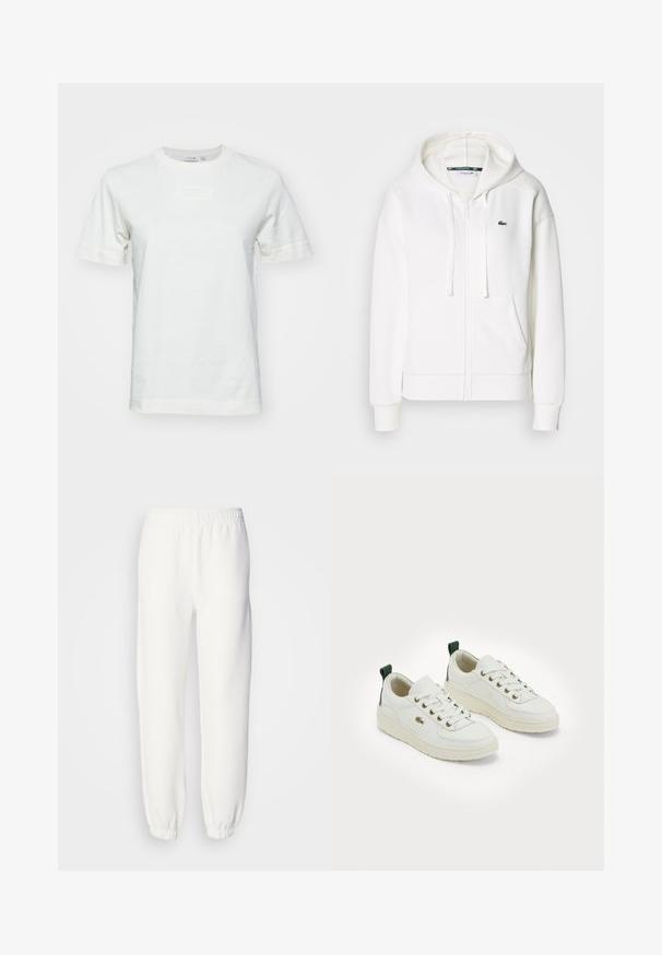 Fehér cipzáras kapucnis pulóver, puha anyagból, kapucnival, kenguru zsebekkel és egy kis zöld Lacoste logóval a bal mellen.; Fehér pamut póló rövid ujjakkal, kerek nyakkal, és texturált "LACOSTE" logóval az elején. Sima anyag, normál szabású.; Fehér melegítőnadrág puha, kötött anyagból. Rugalmas derékpánt és szegélyek lazán illeszkednek. Minimalista dizájn, látható minták vagy díszítések nélkül.; Fehér bőr sportcipők kerek orral, arany fémlyukakkal, lapos fűzőkkel, és zöld részlettel a saroknál. A talp textúrált gumiból készült.