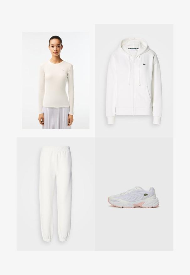 Fehér cipzáras kapucnis pulóver, puha anyagból, kapucnival, kenguru zsebekkel és egy kis zöld Lacoste logóval a bal mellen.; Fehér, hosszú ujjú felső bordázott textúrával és kerek nyakkivágással, bal oldalon egy kis zöld logóval. Simára kidolgozott anyag.; Fehér melegítőnadrág puha, kötött anyagból. Rugalmas derékpánt és szegélyek lazán illeszkednek. Minimalista dizájn, látható minták vagy díszítések nélkül.; Fehér sportcipők textúrált hálós felsőrésszel, diszkrét rózsaszín akcentussal a talpon és zöld krokodil logóval az oldalon.