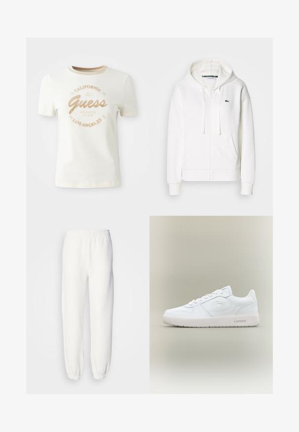 Sweatshirt branca com fecho éclair, feita de um tecido macio, com capuz, bolsos tipo canguru e um pequeno logótipo verde da Lacoste no lado esquerdo do peito.; T-shirt de mangas curtas krem com um decote redondo, com bordado dourado texturizado a dizer "Guess Sports Club California Los Angeles."; Calças de fato de treino brancas feitas de um tecido malha suave. A cintura elástica e os punhos proporcionam um ajuste relaxado. Design minimalista, sem padrões ou acentos visíveis.; Sapatilha branca em couro com um acabamento suave, bico redondo, design de atacadores e um logo em relevo discreto na lateral. Apresenta uma sola de borracha.