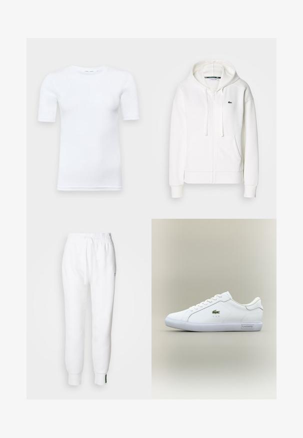 Veste à zip blanche en tissu doux, dotée d'une capuche, de poches kangourou et d'un petit logo vert Lacoste sur la poitrine gauche.; T-shirt blanc à manches courtes en coton. Il présente un col rond et une texture lisse, avec des coutures minimales visibles à l'ourlet.; Pantalon de jogging blanc avec taille élastique et cordon de serrage, comportant des poches latérales et des poignets côtelés. Tissu doux avec un détail de logo brodé.; Baskets basses blanches avec lacets blancs, logo crocodile vert sur le côté et étiquette "Lacoste" sur la semelle, le tout sur un fond neutre.