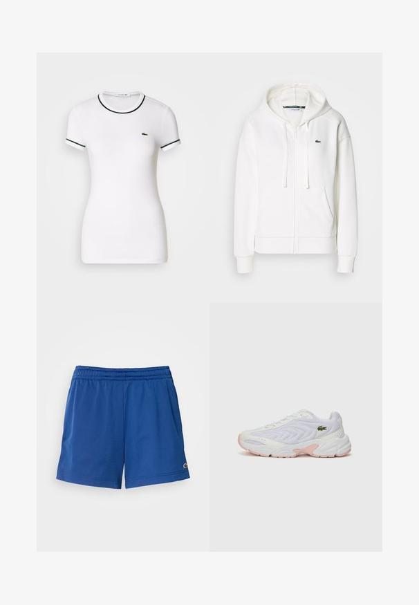 Hvit zip-genser laget av myk stoff, med hette, kenguru-lommer og en liten grønn Lacoste-logo på venstre bryst.; Hvit t-skjorte med korte ermer og grønne ribbede detaljer ved kragen og ermene, med en liten grønn Lacoste-logo på venstre bryst.; Blå atletiske shorts laget av lett materiale med elastisk midjebånd, med sidelommer og en liten logo nær sømmen.; Hvite joggesko med et teksturert mesh-overdel, subtile rosa detaljer på sålen, og en grønn krokodillelogo på siden.