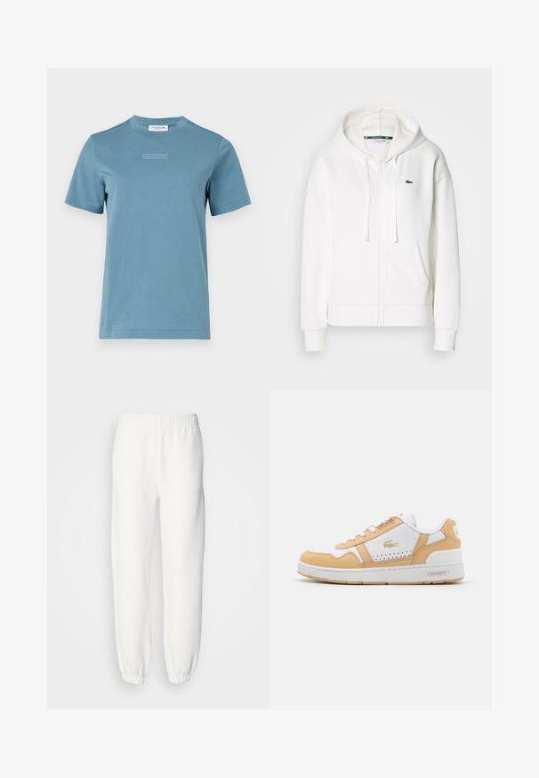 Felpa bianca con zip realizzata in tessuto morbido, dotata di cappuccio, tasche a marsupio e un piccolo logo verde di Lacoste sul lato sinistro del petto.; T-shirt girocollo in cotone di colore azzurro chiaro, con un logo testurizzato "LACOSTE" sul davanti. Maniche corte e vestibilità standard.; Pantaloni della tuta bianchi realizzati in morbido tessuto lavorato a maglia. La vita e i polsini elasticizzati offrono una vestibilità rilassata. Design minimalista, senza motivi o accenti visibili.; Sneaker bianca e marrone chiaro in materiale di pelle, punta rotonda, design perforato per la traspirabilità e suola in gomma testurizzata. Logo del marchio sul lato.