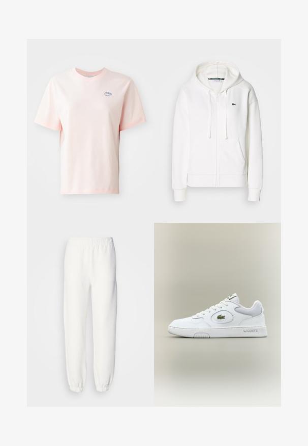 Fehér cipzáras kapucnis pulóver, puha anyagból, kapucnival, kenguru zsebekkel és egy kis zöld Lacoste logóval a bal mellen.; Világos rózsaszín pamut póló kerek nyakkivágással, rövid ujjal, és egy kis kék krokodil logóval a bal mellen.; Fehér melegítőnadrág puha, kötött anyagból. Rugalmas derékpánt és szegélyek lazán illeszkednek. Minimalista dizájn, látható minták vagy díszítések nélkül.; Fehér bőr sneaker hálós részletekkel, kerek orral és lapos fűzőkkel. Zöld krokodil logóval és "LACOSTE" felirattal a saroknál.