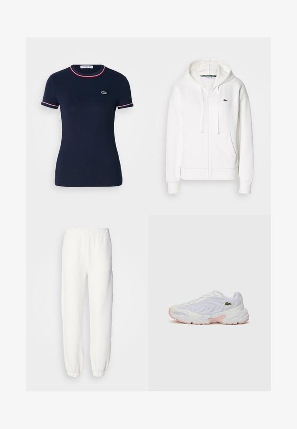 Valge lukuga kapuutsiga dressipluus, mis on valmistatud pehmest kangast. Sellel on kapuuts, konksukotid ja vasakul rinnal väike roheline Lacoste logo.; Tumed sinine puuvillane T-särk, ümar kaelus, lühikesed varrukad ja punane ning valge ääreline. Vasakul rinnal on väike roheline logo.; Valged dressipüksid pehmest kootud kangast. Elastne vöökoht ja mansetid tagavad mugava istuvuse. Minimalistlik disain, ilma silmapaistvate mustrite või aktsentideta.; Valged sportlikud jalanõud tekstuurse võrgu pealsega, diskreetsed roosa aktsendid talla peal ja roheline krokodillilogo küljel.