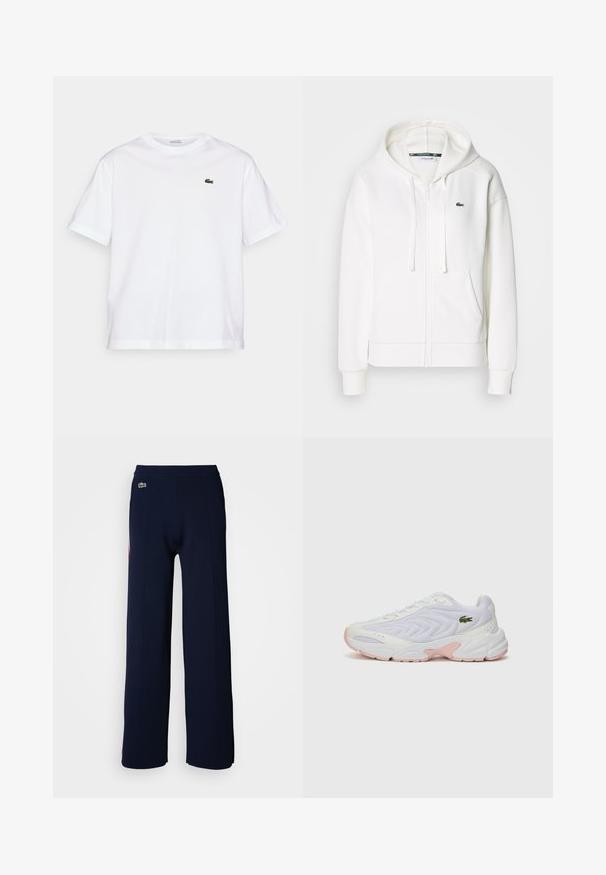 Sweatshirt branca com fecho éclair, feita de um tecido macio, com capuz, bolsos tipo canguru e um pequeno logótipo verde da Lacoste no lado esquerdo do peito.; T-shirt de algodão branco com decote redondo e mangas curtas. Apresenta um logotipo bordado verde no peito. Textura suave, ajuste relaxado.; Calças largas azul marinho com uma textura suave, apresentando uma cintura canelada e um pequeno logo verde na parte da frente, destacando um design limpo.; Tênis atléticos brancos com um cabedal de malha texturizada, detalhes em rosa suave na sola e um logótipo de crocodilo verde na lateral.