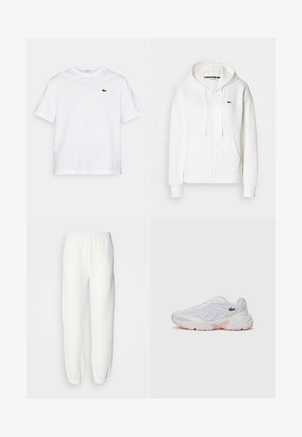 Balts zip-up kapuci džemperis, izgatavots no mīkstas auduma, ar kapuci, kangoru kabatām un mazu zaļu Lacoste logotipu kreisajā krūtī.; Balta kokvilnas T-kreklu ar apaļu kakla izgriezumu un īsām piedurknēm. Uz krūtīm ir zaļš izšūts logotips. Mīksta tekstūra, brīvi pieguļošs fasona.; Baltās sporta bikses, kas izgatavotas no mīksta adīta auduma. Elastīga josta un piedurknes nodrošina brīvu piegriezumu. Minimālistisks dizains, bez redzamām rakstu vai akcentu detaļām.; Baltas sporta apavi ar tekstūru tīkla virsmu, diskrētām rozā akcentiem uz zoles un zaļu krokodila logotipu sānos.